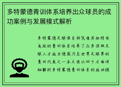 多特蒙德青训体系培养出众球员的成功案例与发展模式解析
